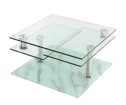 32" Clear and White Faux Marble Glass and Metal Coffee Table With Three Shelves