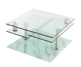 32" Clear and White Faux Marble Glass and Metal Coffee Table With Three Shelves