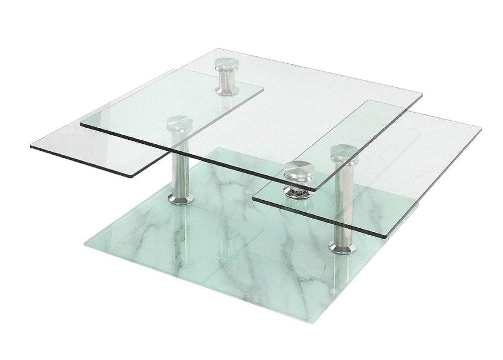 32" Clear and White Faux Marble Glass and Metal Coffee Table With Three Shelves