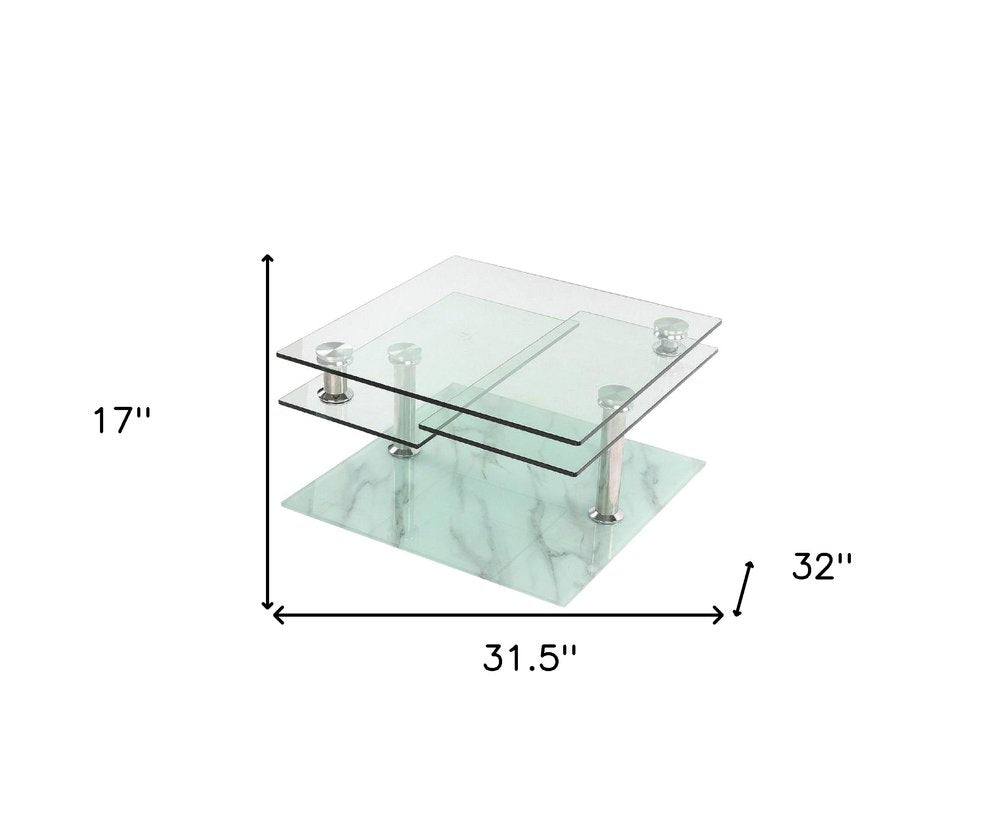 32" Clear and White Faux Marble Glass and Metal Coffee Table With Three Shelves