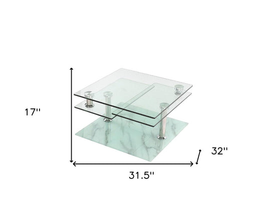 32" Clear and White Faux Marble Glass and Metal Coffee Table With Three Shelves