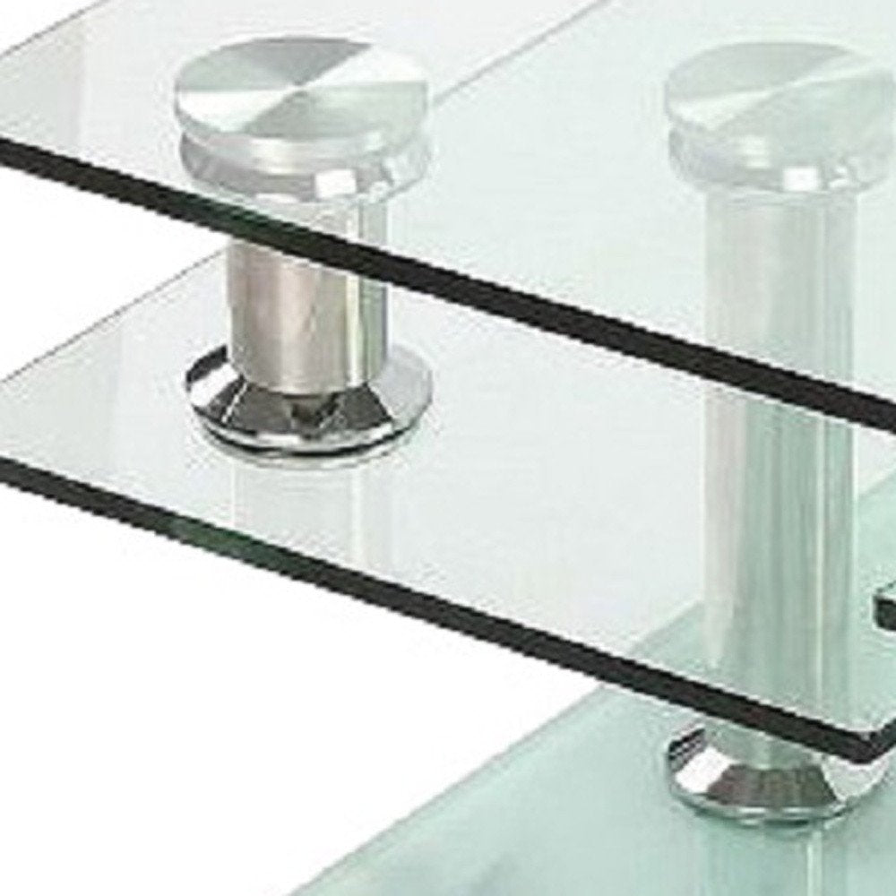 32" Clear and White Faux Marble Glass and Metal Coffee Table With Three Shelves