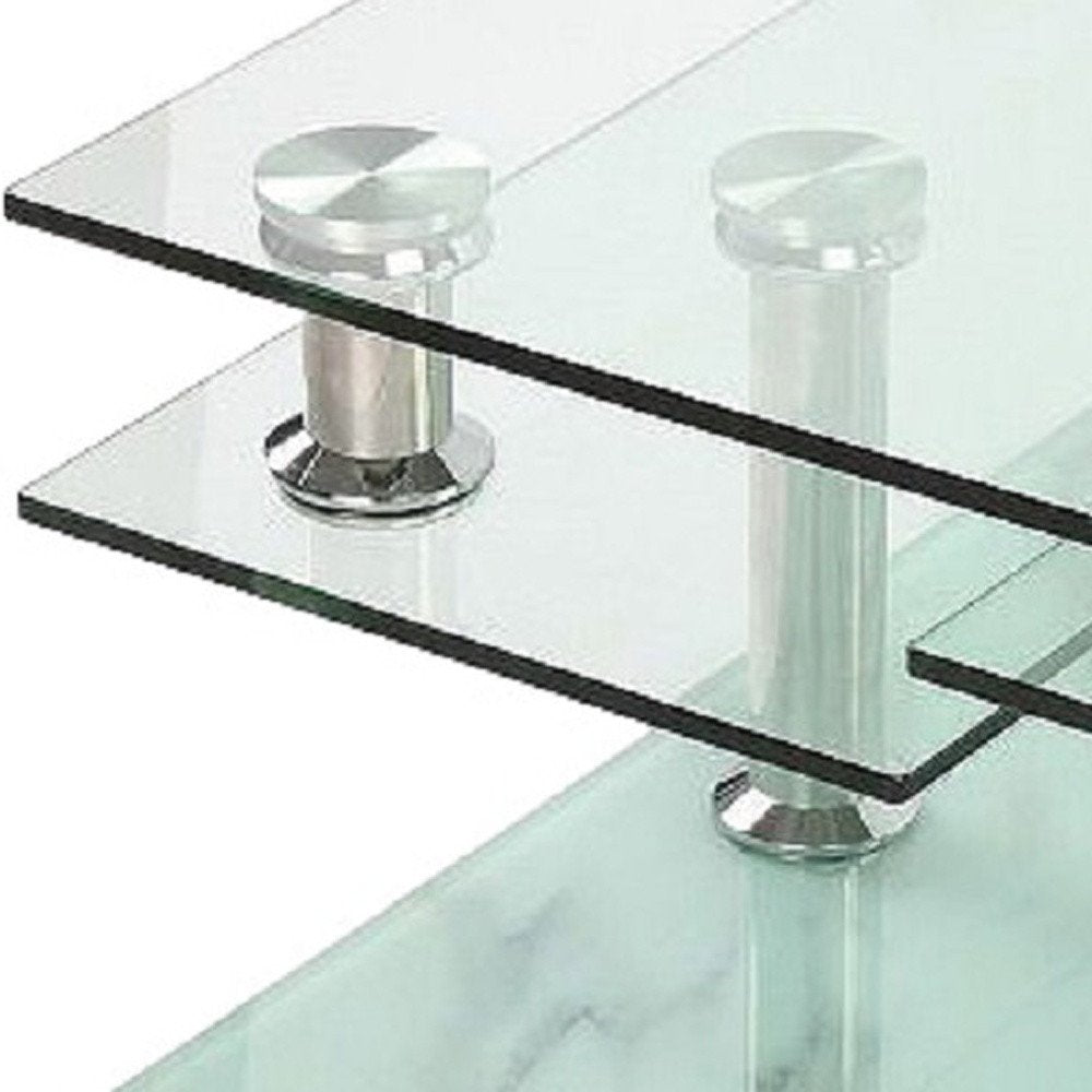 32" Clear and White Faux Marble Glass and Metal Coffee Table With Three Shelves
