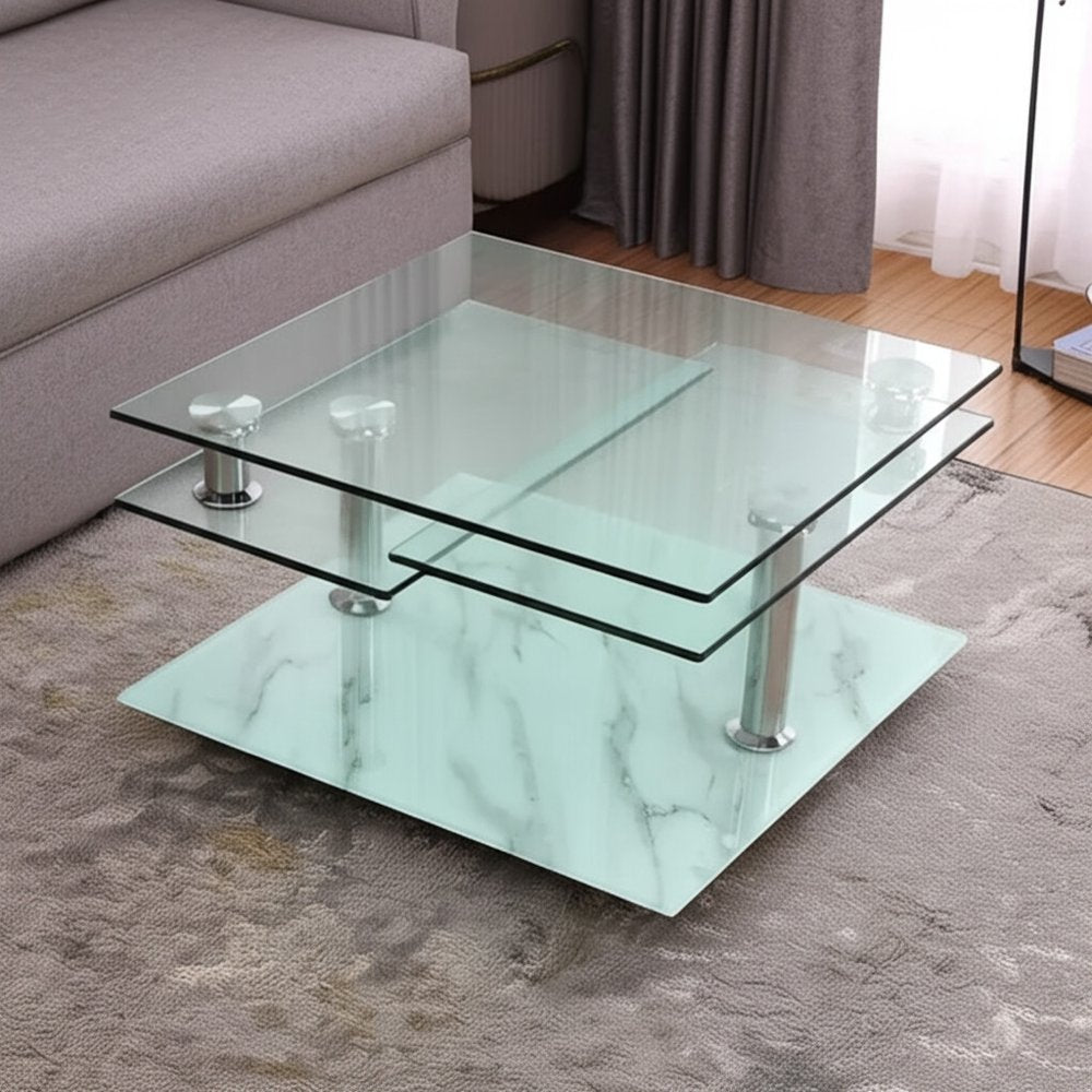 32" Clear and White Faux Marble Glass and Metal Coffee Table With Three Shelves