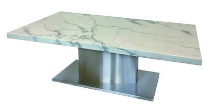 51" White And Silver Genuine Marble And Stainless Steel Pedestal Coffee Table