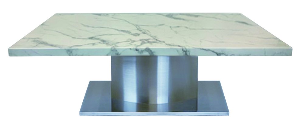 51" White And Silver Genuine Marble And Stainless Steel Pedestal Coffee Table