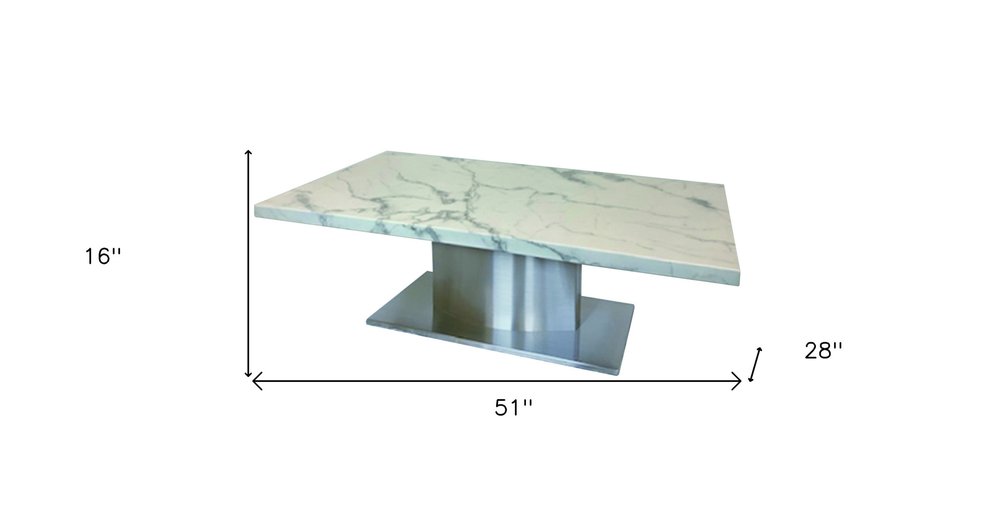 51" White And Silver Genuine Marble And Stainless Steel Pedestal Coffee Table