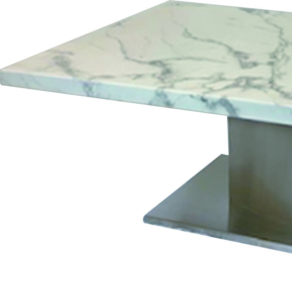 51" White And Silver Genuine Marble And Stainless Steel Pedestal Coffee Table