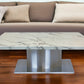 51" White And Silver Genuine Marble And Stainless Steel Pedestal Coffee Table