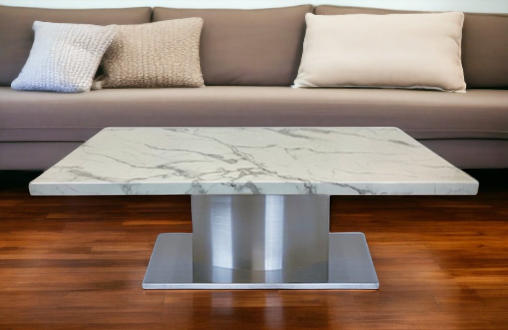 51" White And Silver Genuine Marble And Stainless Steel Pedestal Coffee Table