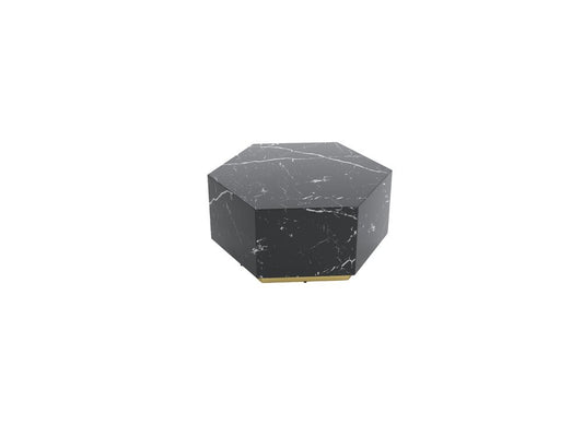 35" Black And Gold Faux Marble Hexagon Drum Coffee Table