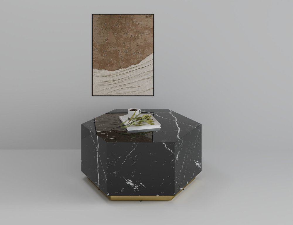 35" Black And Gold Faux Marble Hexagon Drum Coffee Table