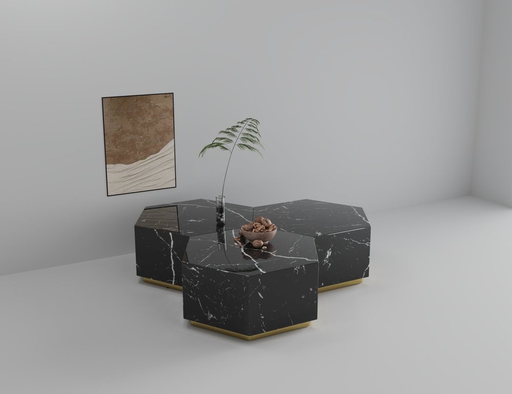 35" Black And Gold Faux Marble Hexagon Drum Coffee Table