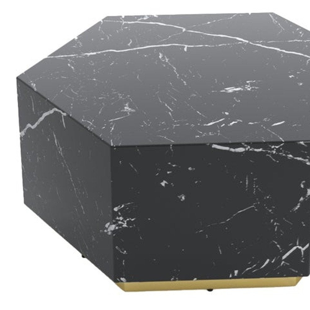 35" Black And Gold Faux Marble Hexagon Drum Coffee Table