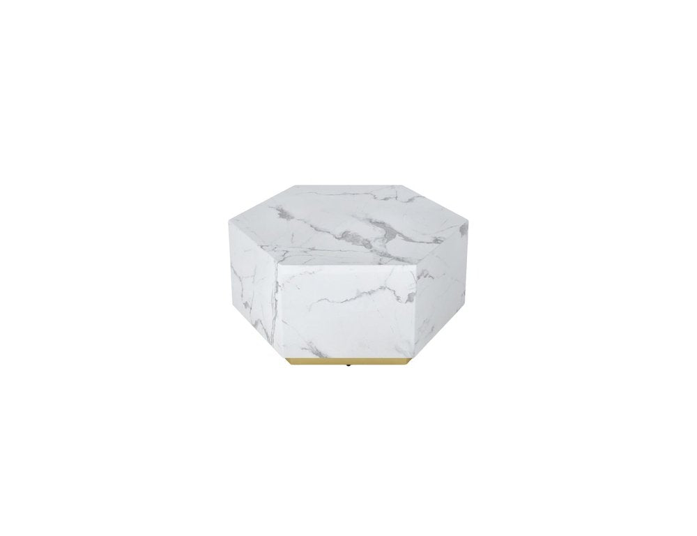 35" White And Gold Faux Marble Hexagon Drum Coffee Table