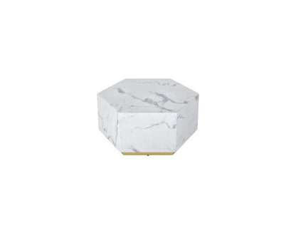 35" White And Gold Faux Marble Hexagon Drum Coffee Table