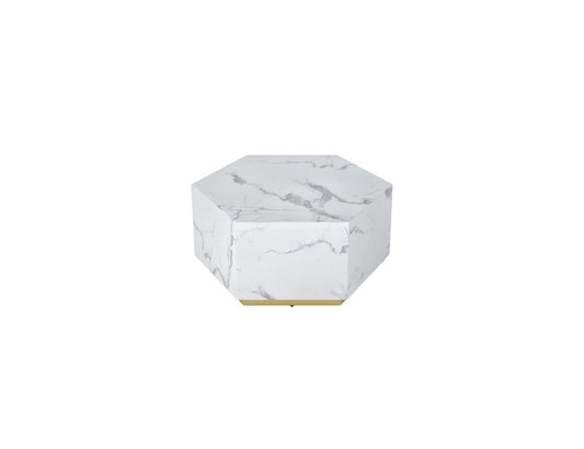 35" White And Gold Faux Marble Hexagon Drum Coffee Table
