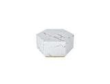 35" White And Gold Faux Marble Hexagon Drum Coffee Table
