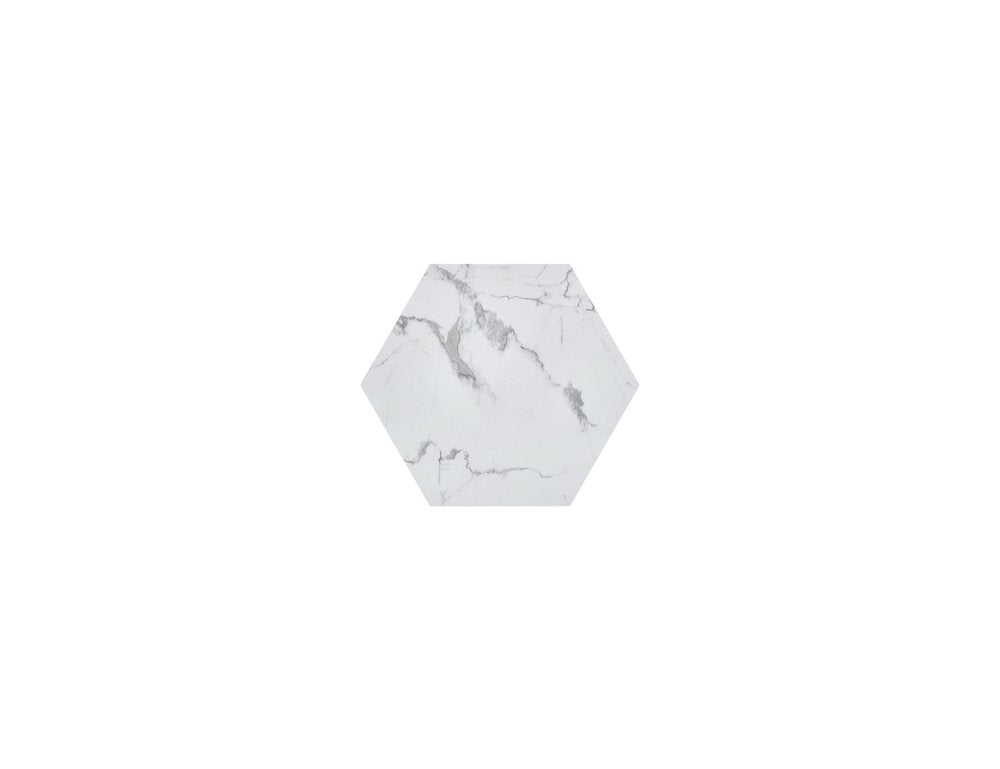 35" White And Gold Faux Marble Hexagon Drum Coffee Table