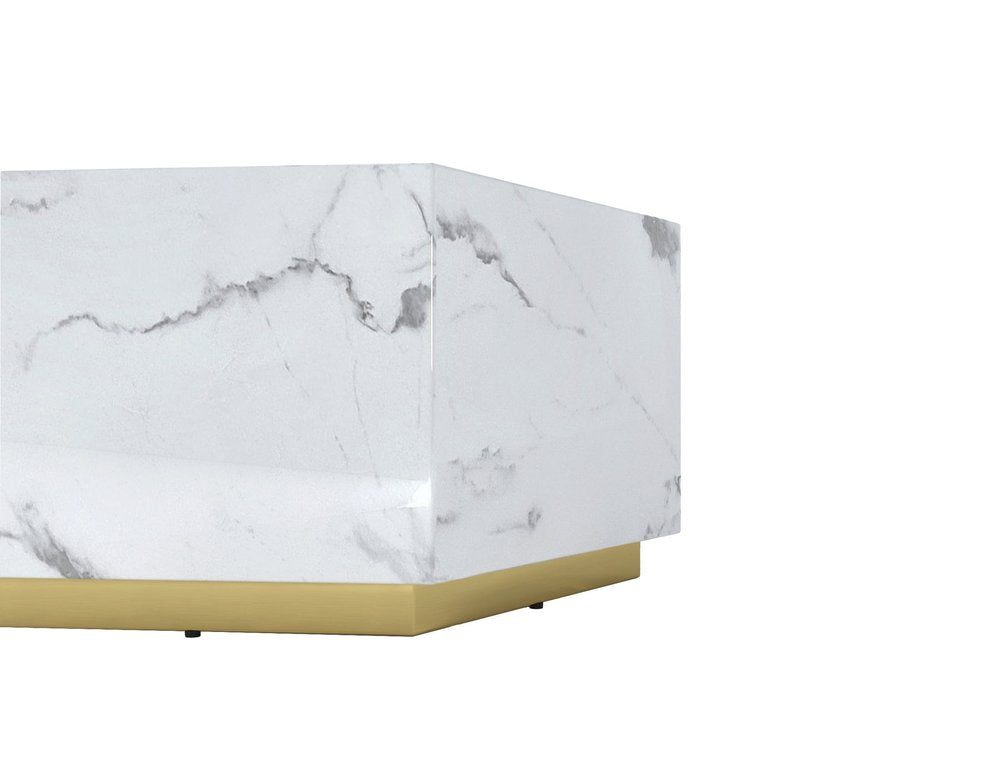 35" White And Gold Faux Marble Hexagon Drum Coffee Table
