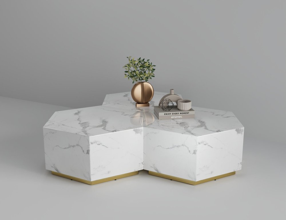 35" White And Gold Faux Marble Hexagon Drum Coffee Table