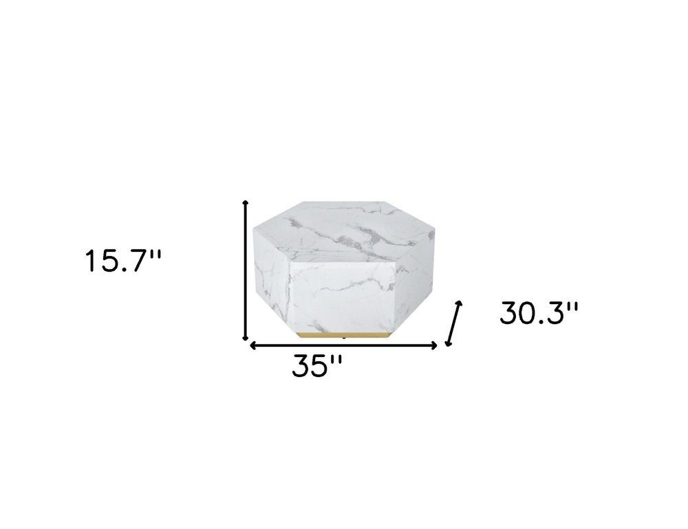 35" White And Gold Faux Marble Hexagon Drum Coffee Table