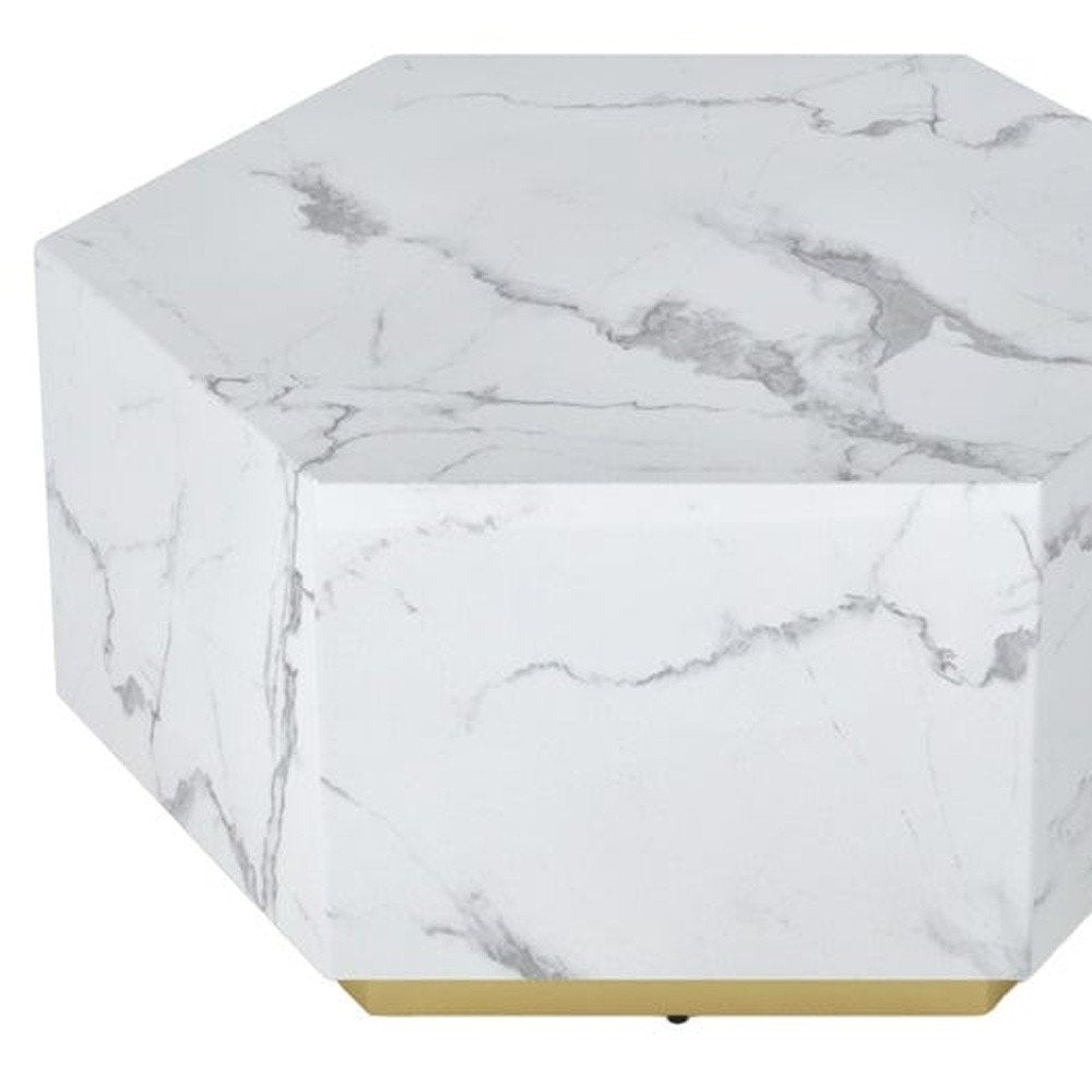 35" White And Gold Faux Marble Hexagon Drum Coffee Table