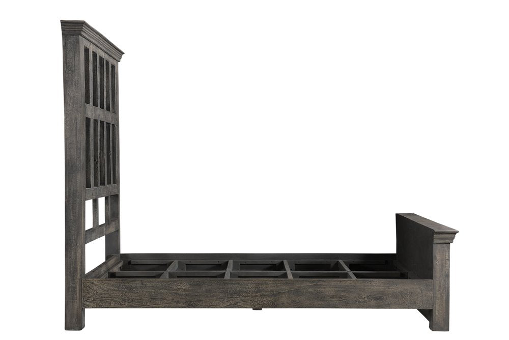 Brown Carved Geometric Distressed Solid Wood Queen Bed Frame