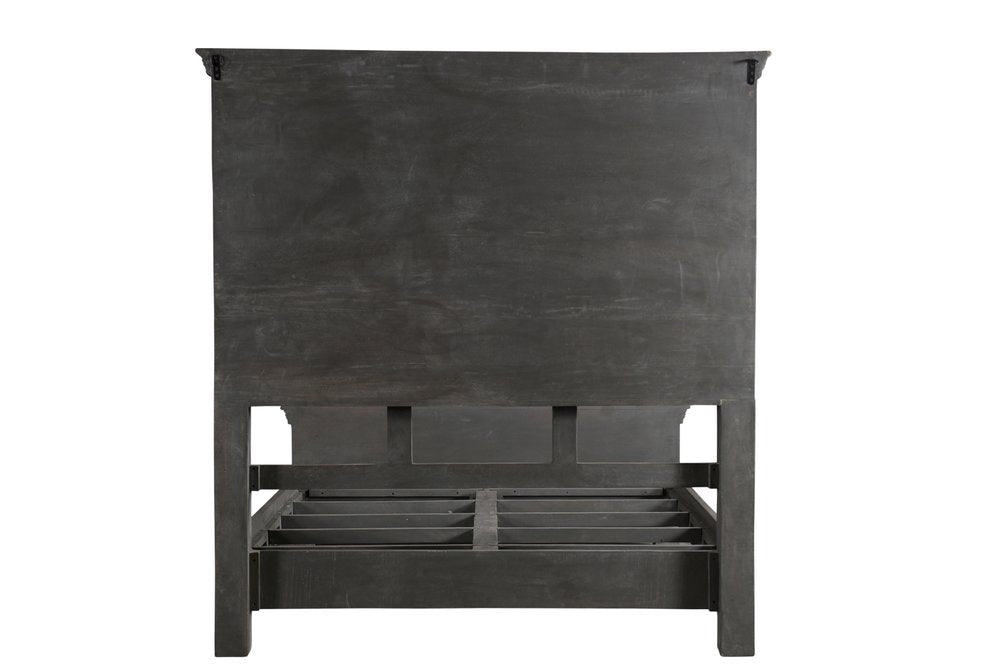 Brown Carved Geometric Distressed Solid Wood Queen Bed Frame