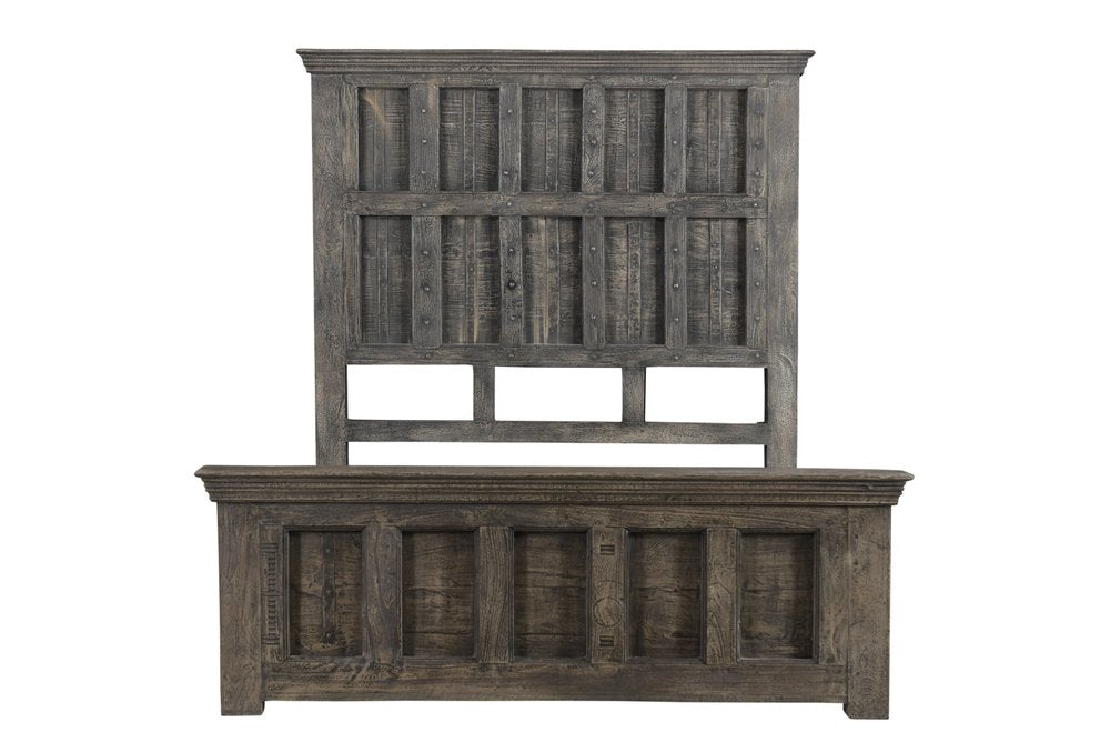 Brown Carved Geometric Distressed Solid Wood Queen Bed Frame