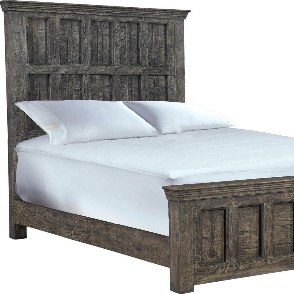Brown Carved Geometric Distressed Solid Wood Queen Bed Frame
