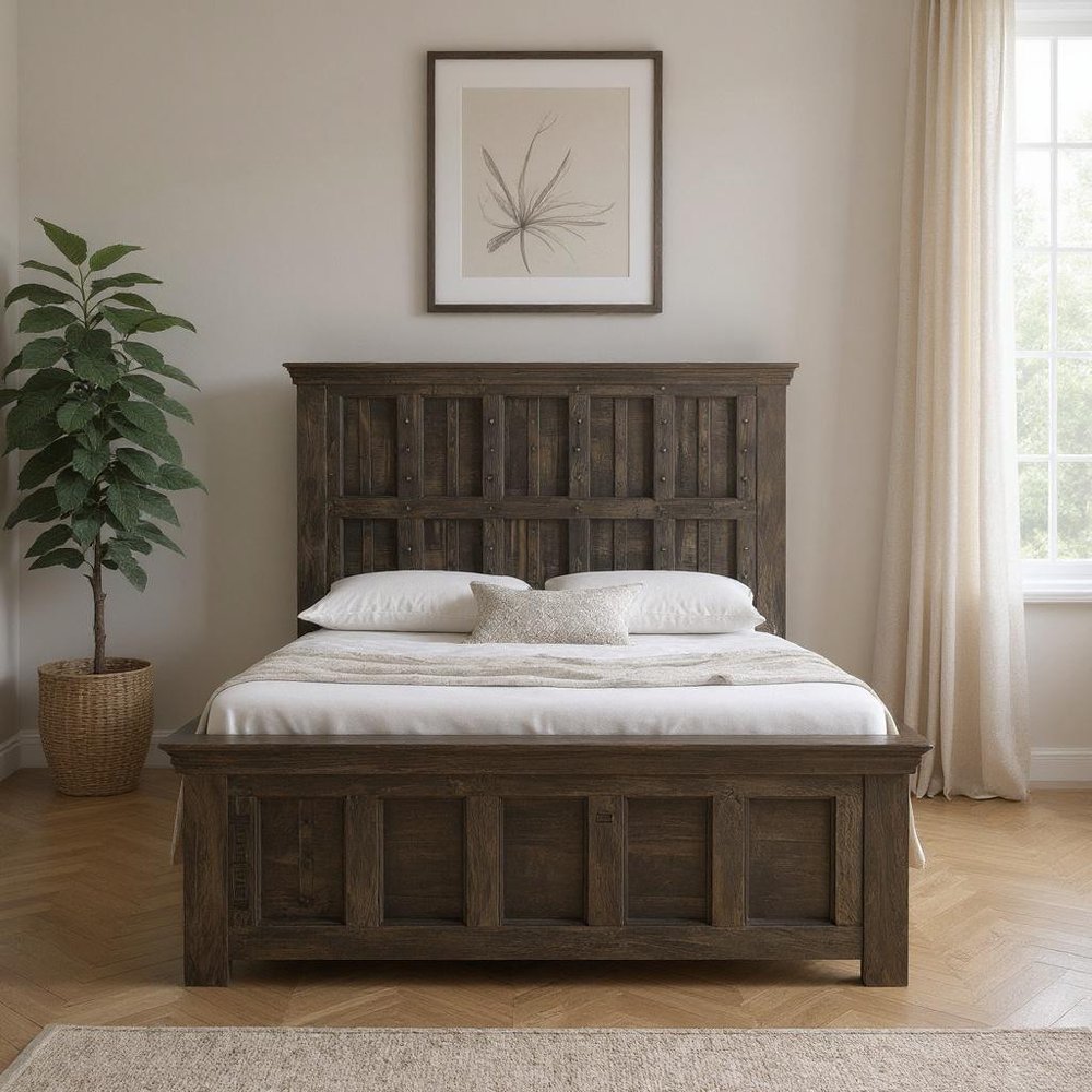 Brown Carved Geometric Distressed Solid Wood Queen Bed Frame