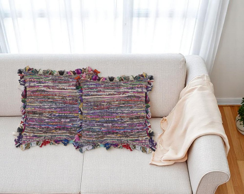 Set of Two Pink Striped Rayon Throw Pillow With Ruffle