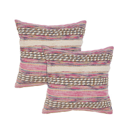 Set of Two Pink Striped Cotton Throw Pillows With Fringe