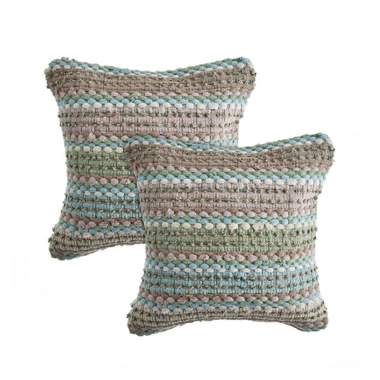 Set of Two 18" Brown and Dark Green Striped Cotton Blend Throw Pillows with Texture