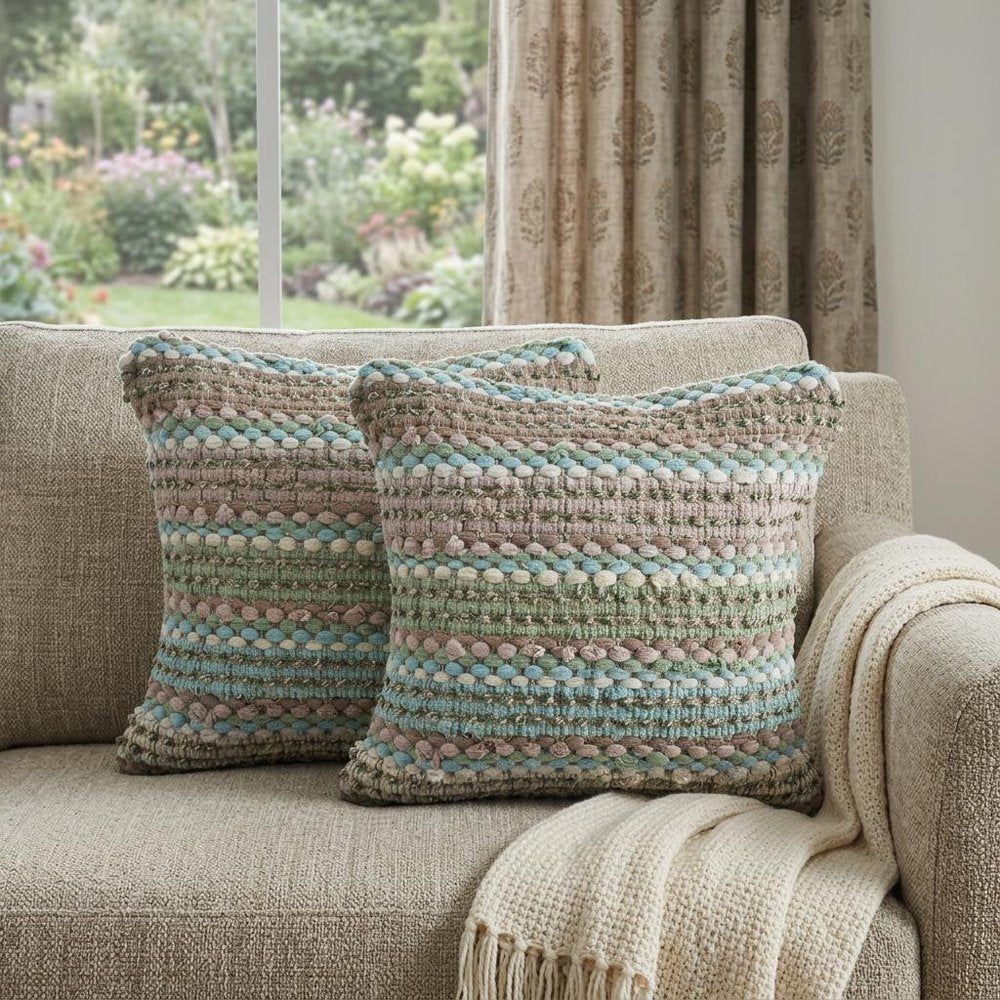 Set of Two 18" Beige Blue and Green Striped Cotton Blend Throw Pillows