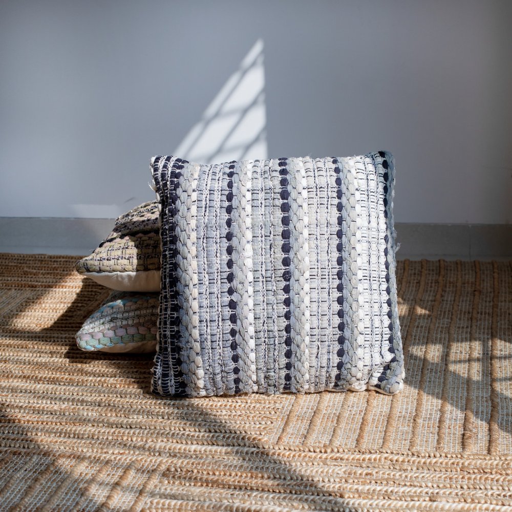 Set of Two 18" Black Gray and Ivory Striped Cotton Blend Throw Pillows with Texture