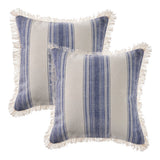Set of Two 18" Blue and Cream Cotton Throw Pillows with Fringe