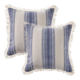 Set of Two 18" Blue and Cream Cotton Throw Pillows with Fringe