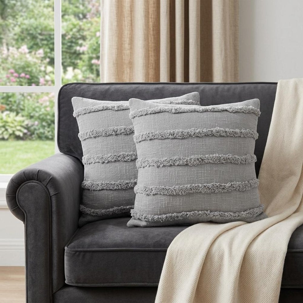 Set of Two Pink Ribbed Cotton Throw Pillows With Fringe