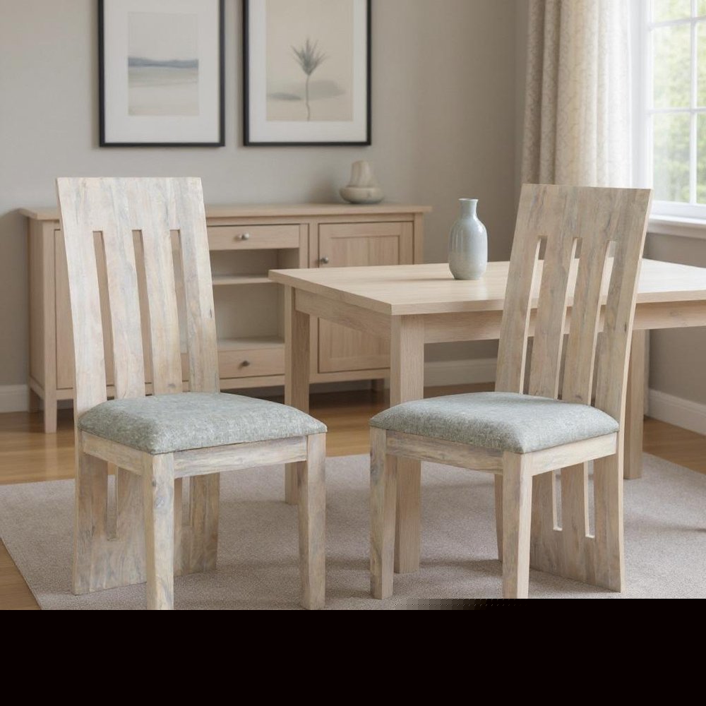 Set of Two Gray and Natural Fabric And Wood Slat Back Dining Side Chairs