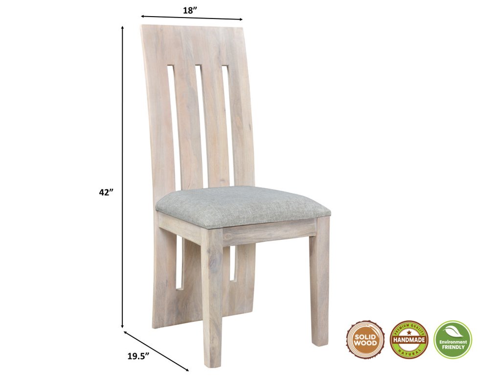 Set of Two Gray and Natural Fabric And Wood Slat Back Dining Side Chairs