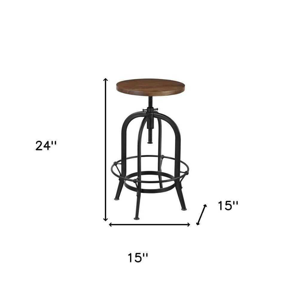Brown and Black Solid Wood and Metal Backless Adjustable Height Swivel Bar Chair