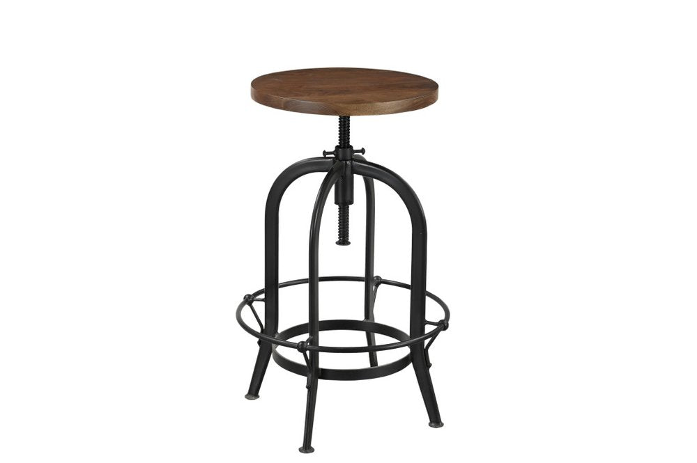 Brown and Black Solid Wood and Metal Backless Adjustable Height Swivel Bar Chair