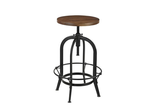 Brown and Black Solid Wood and Metal Backless Adjustable Height Swivel Bar Chair