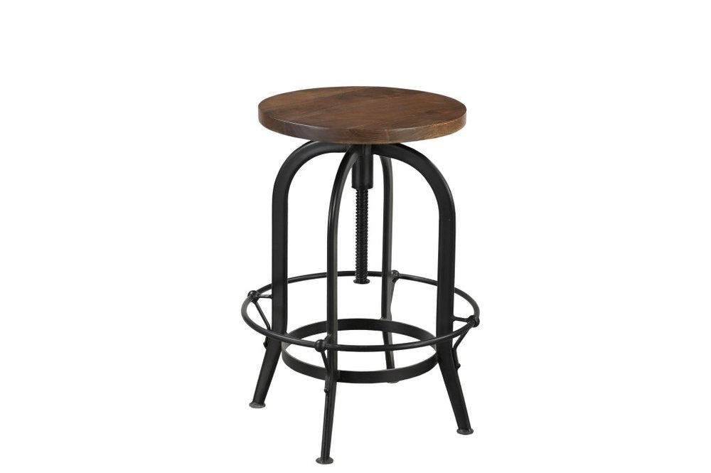Brown and Black Solid Wood and Metal Backless Adjustable Height Swivel Bar Chair