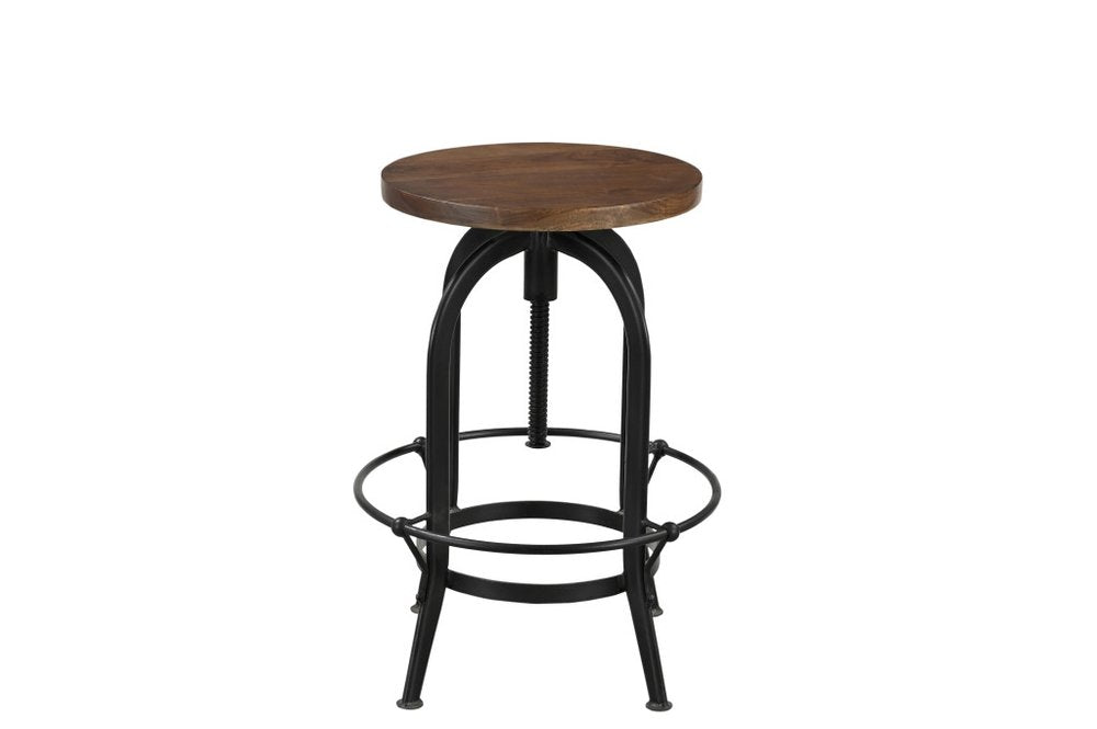 Brown and Black Solid Wood and Metal Backless Adjustable Height Swivel Bar Chair