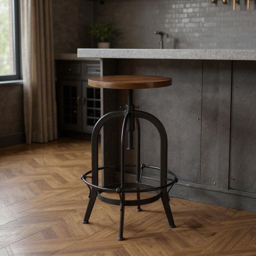 Brown and Black Solid Wood and Metal Backless Adjustable Height Swivel Bar Chair