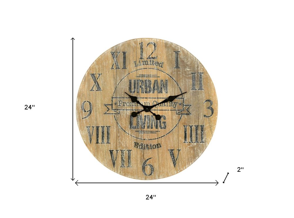 24" Natural Distressed Solid Wood Silent Analog Round Wall Clock