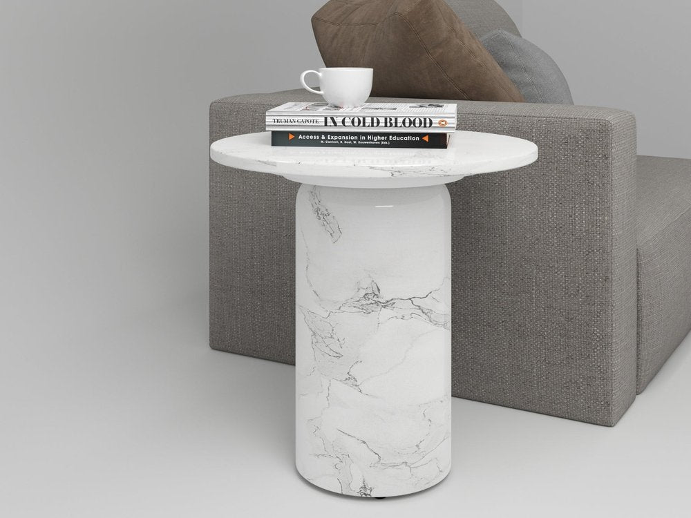 16" White Marble and Wood Round Pedestal End Table